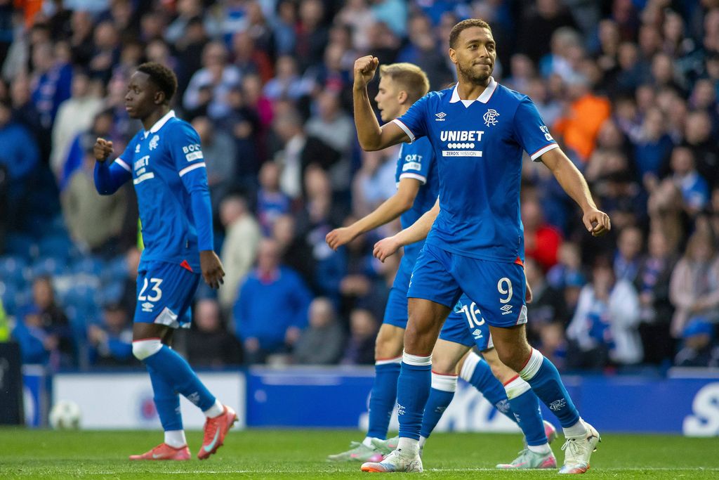 Cyriel Dessers celebrates after scoring a penalty during the Champions League 3rd qualifying round, 1st leg, Rangers Vs Viktoria Plzen Ibrox Stadium