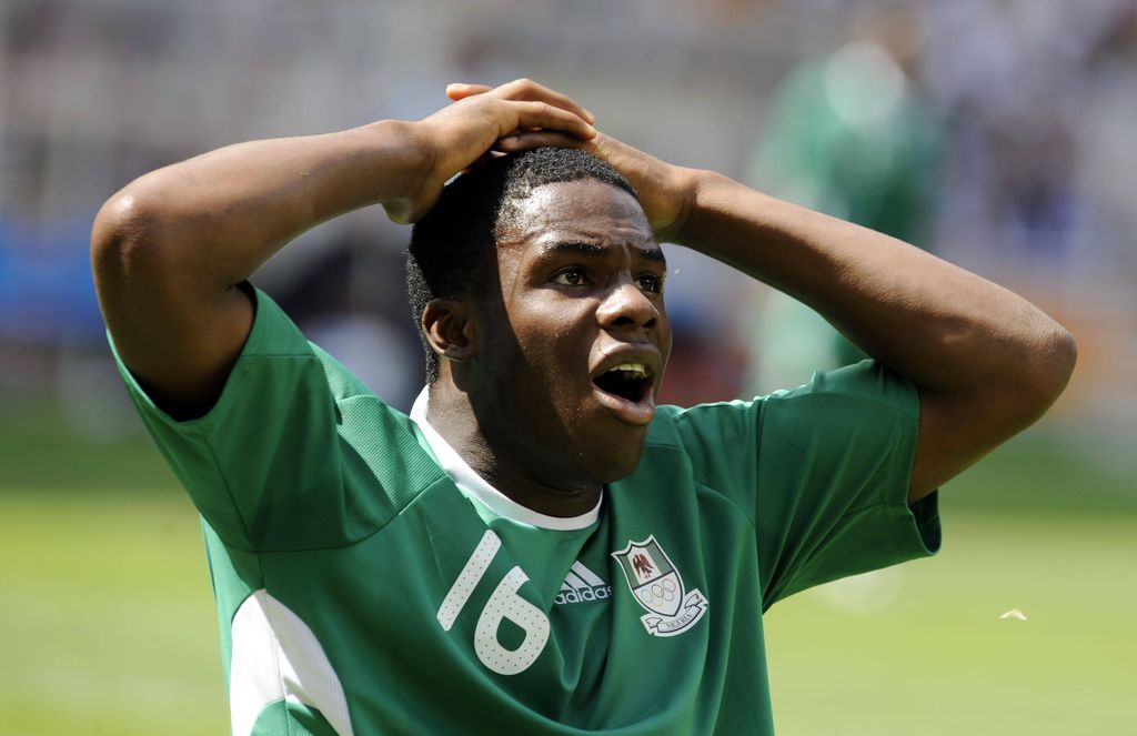 Victor Anichebe in despair in the Olympic Football final Nigeria vs Argentina
