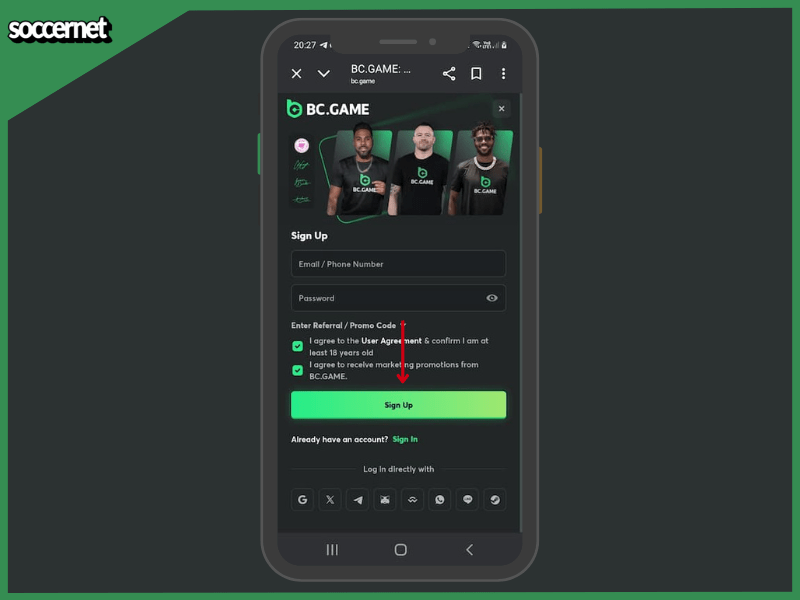 BC game app sign up page