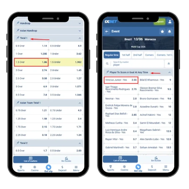 1xBet team and player props betting markets on Brazil vs Morocco.