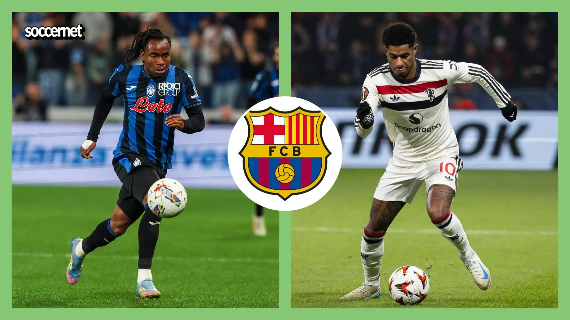 Image of Marcus Rashford and Ademola Lookman with Barcelona Logo in on picture