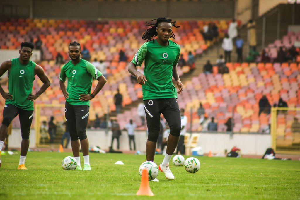 Olisa Ndah with ball of Nigeria during the Super Eagles training in preparations for the 2022 Africa Cup of Nations on January 4, 2022 at Moshood Abiola Stadium
