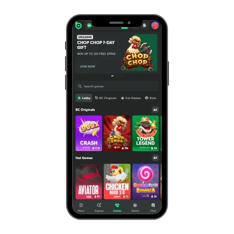 BC.GAME best online casino mobile homepage with BC Originals in front.
