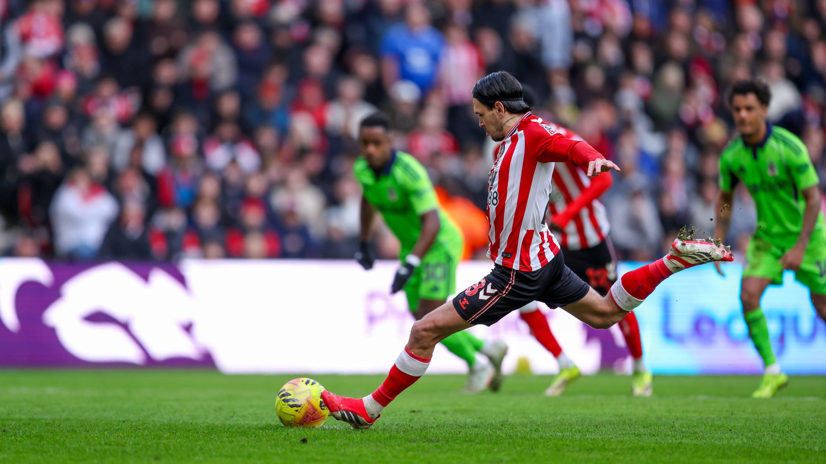 Enzo Le Fee scores a goal from the penalty spot to make the score 1-2 during the Premier League match between Sunderland and Fulham at the Stadium Of Light