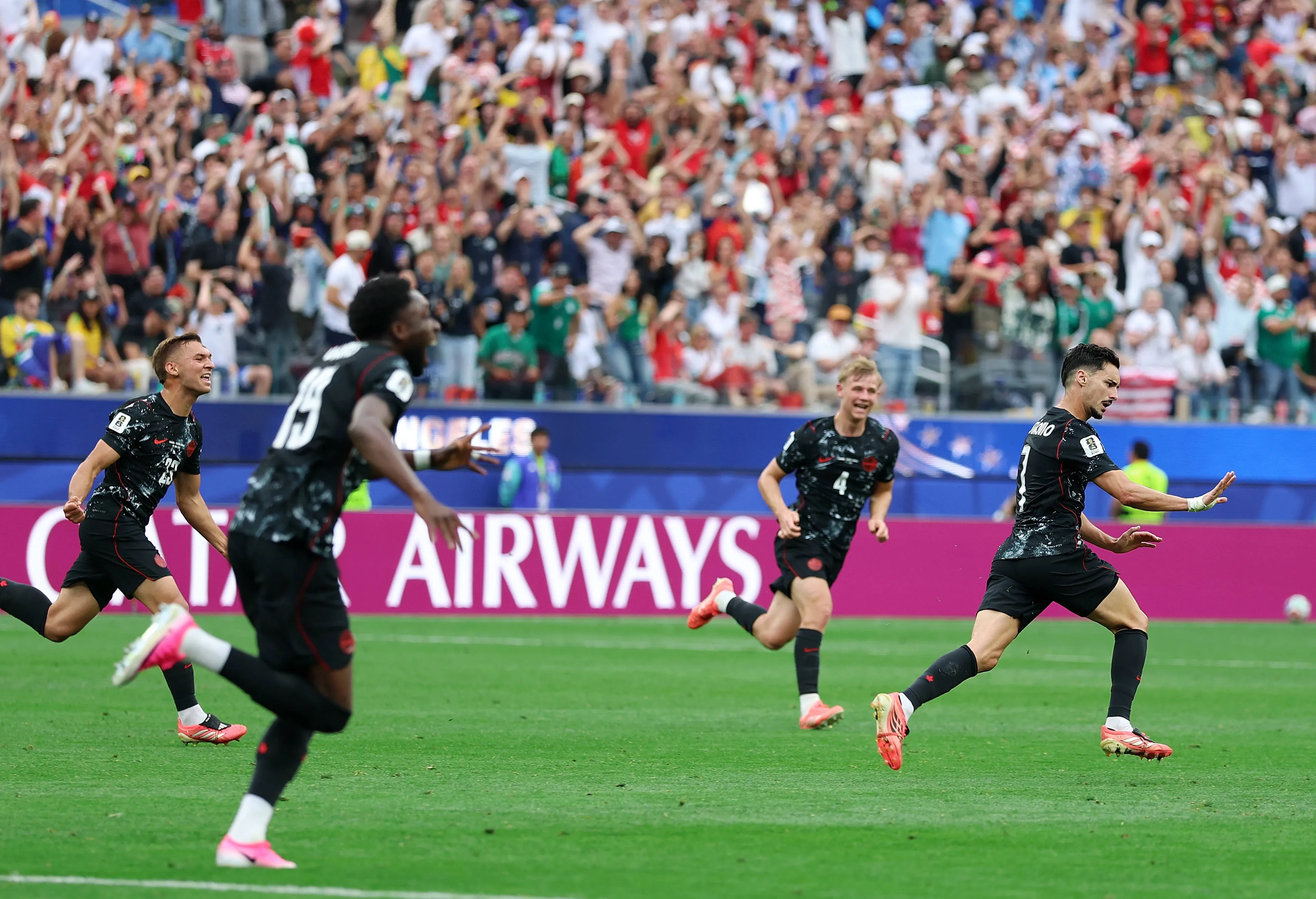Stephen Eustaquio of Canada celebrates after scoring during the round of 32 match between Canada and South Africa at the 2026 FIFA World Cup