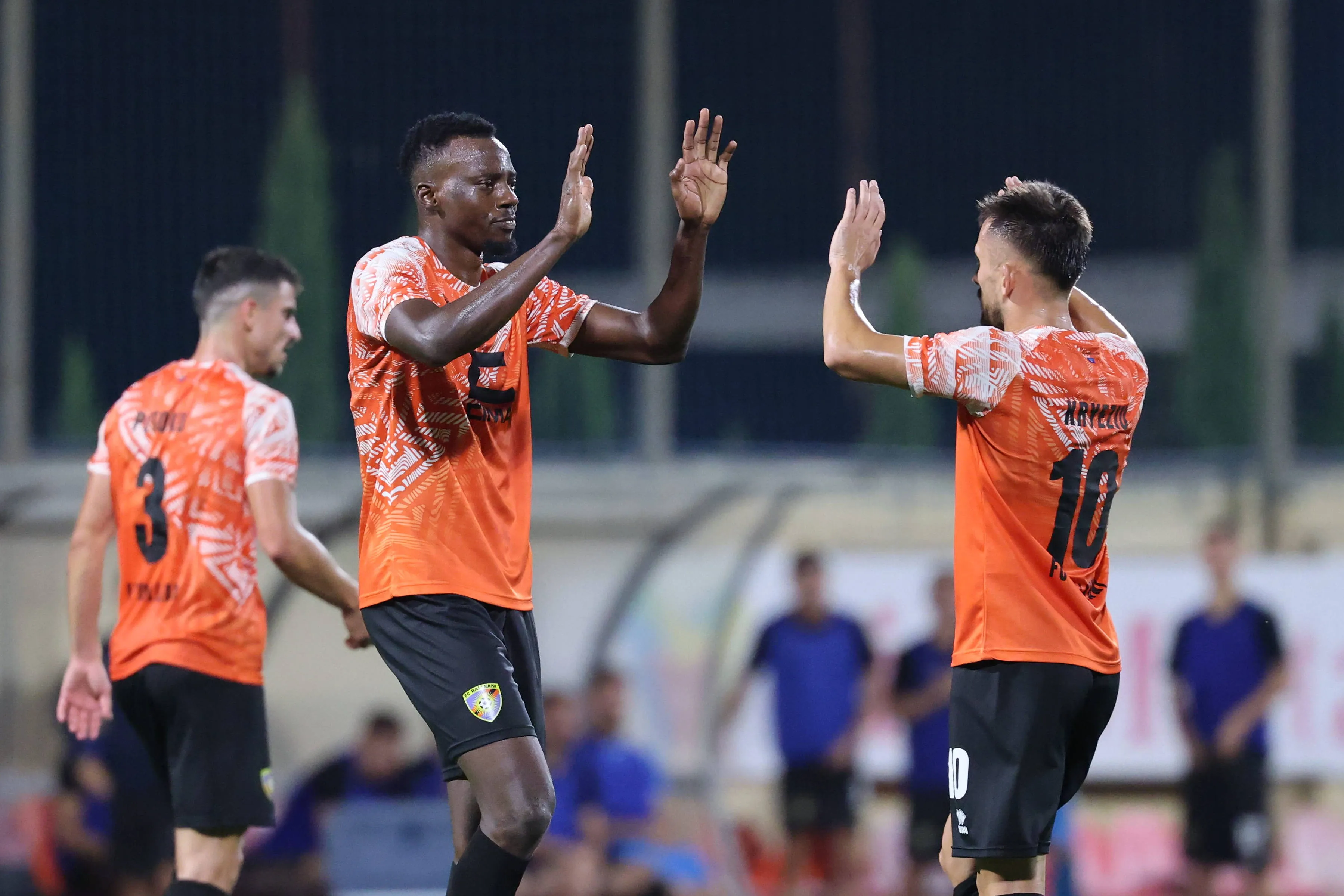 Sunday Adetunji at Ballkani reacts in celebration with team mate Almir Kryeziu after scoring the 1-1 goal during the UEFA Conference League Second qualifying round, 2nd leg soccer match between Floriana FC and FC Ballkani at the Centenary Stadium, in Ta Qali, Malta, on 31 July 2025. UEFA Conference League - Floriana FC v FC Ballkani