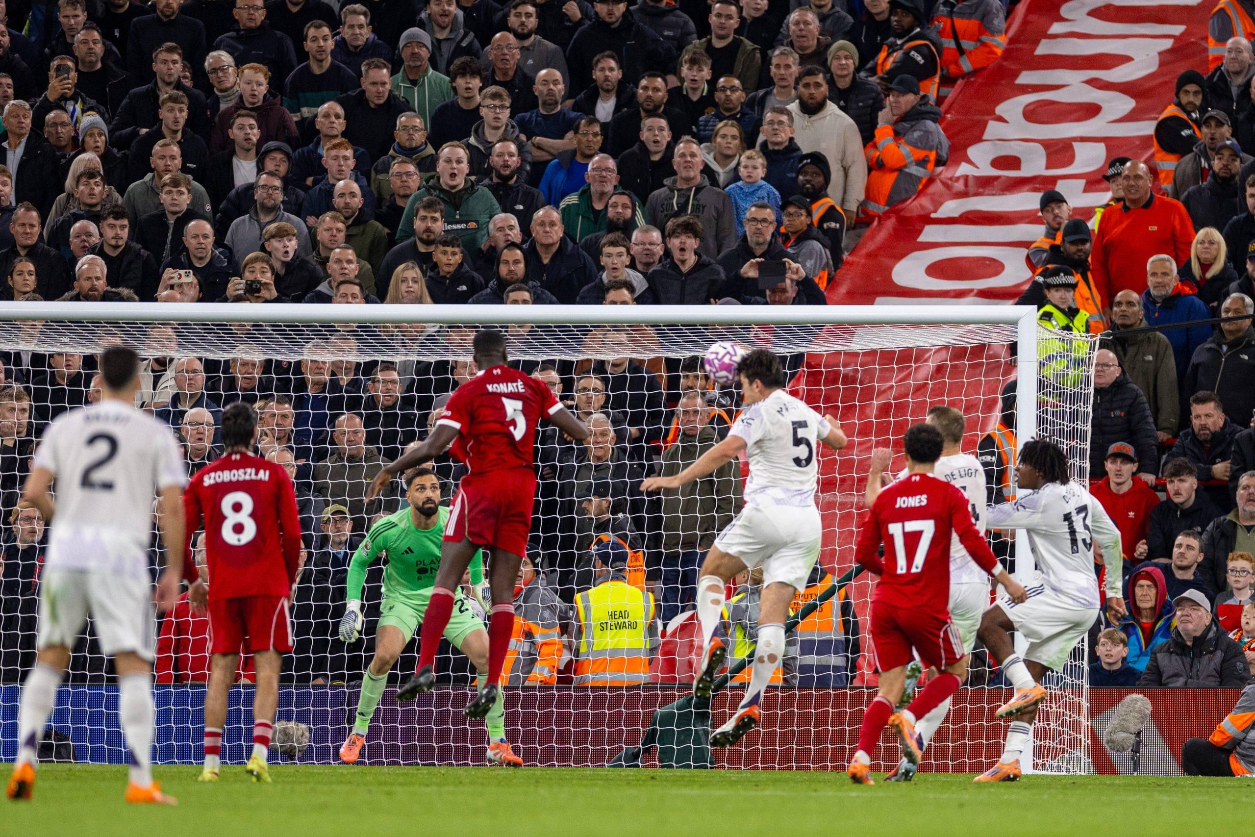 Harry Maguire scores the second goal during the FA Premier League match between Liverpool FC and Manchester United FC