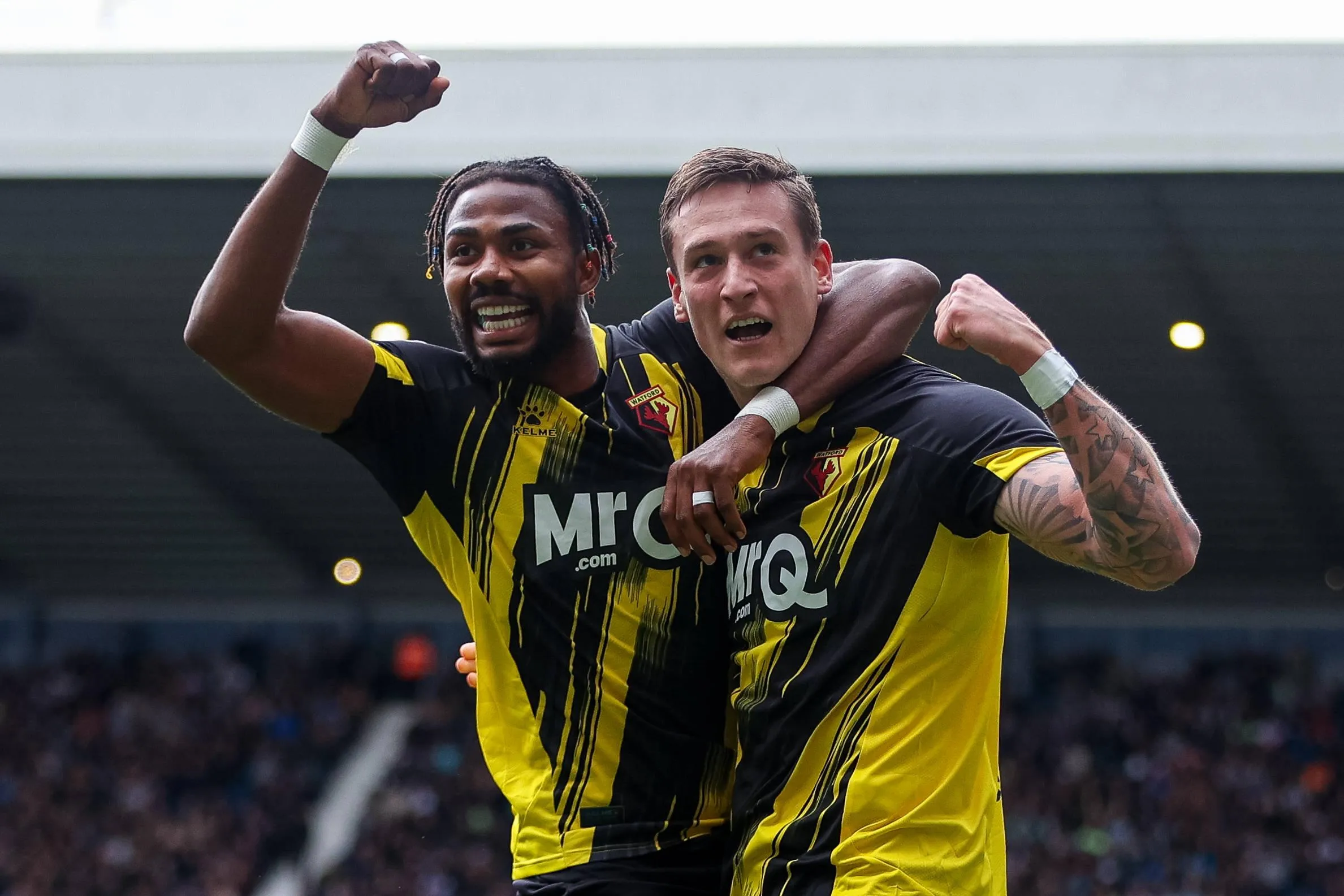 Mileta RajoviÄ celebrates his goal with Emmanuel Dennis during a EFL Sky Bet Championship match