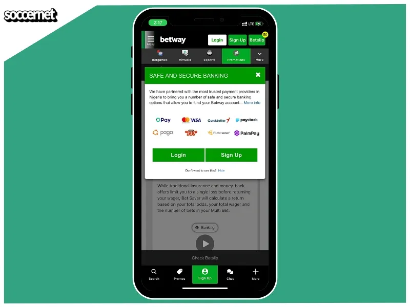 Betway payment methods to complete transaction.