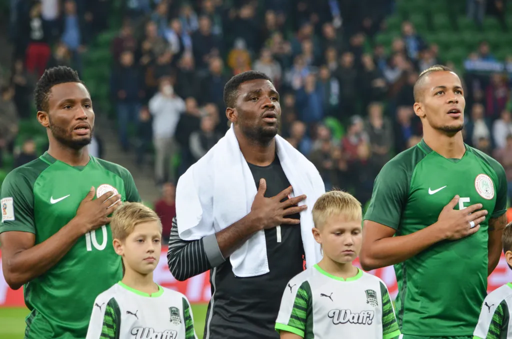 John Obi Mikel, Daniel Akpeyi and William Troost-Ekong in action for the Super Eagles of Nigeria