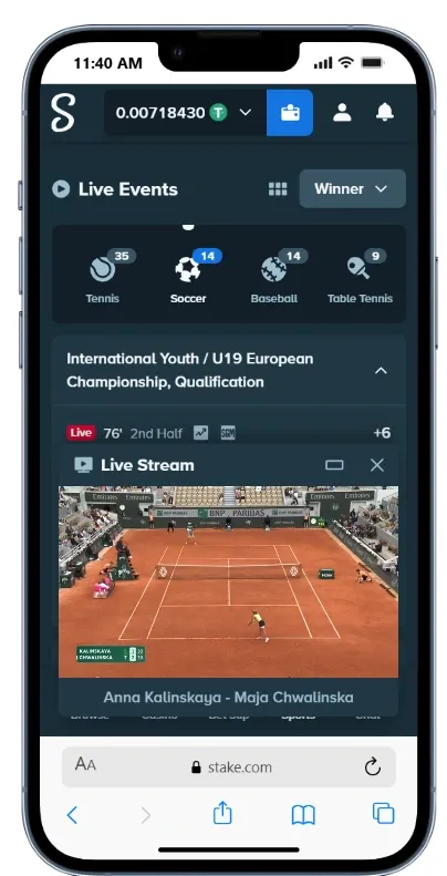 Stake mobile interface showing the live betting section and a tennis livestream.