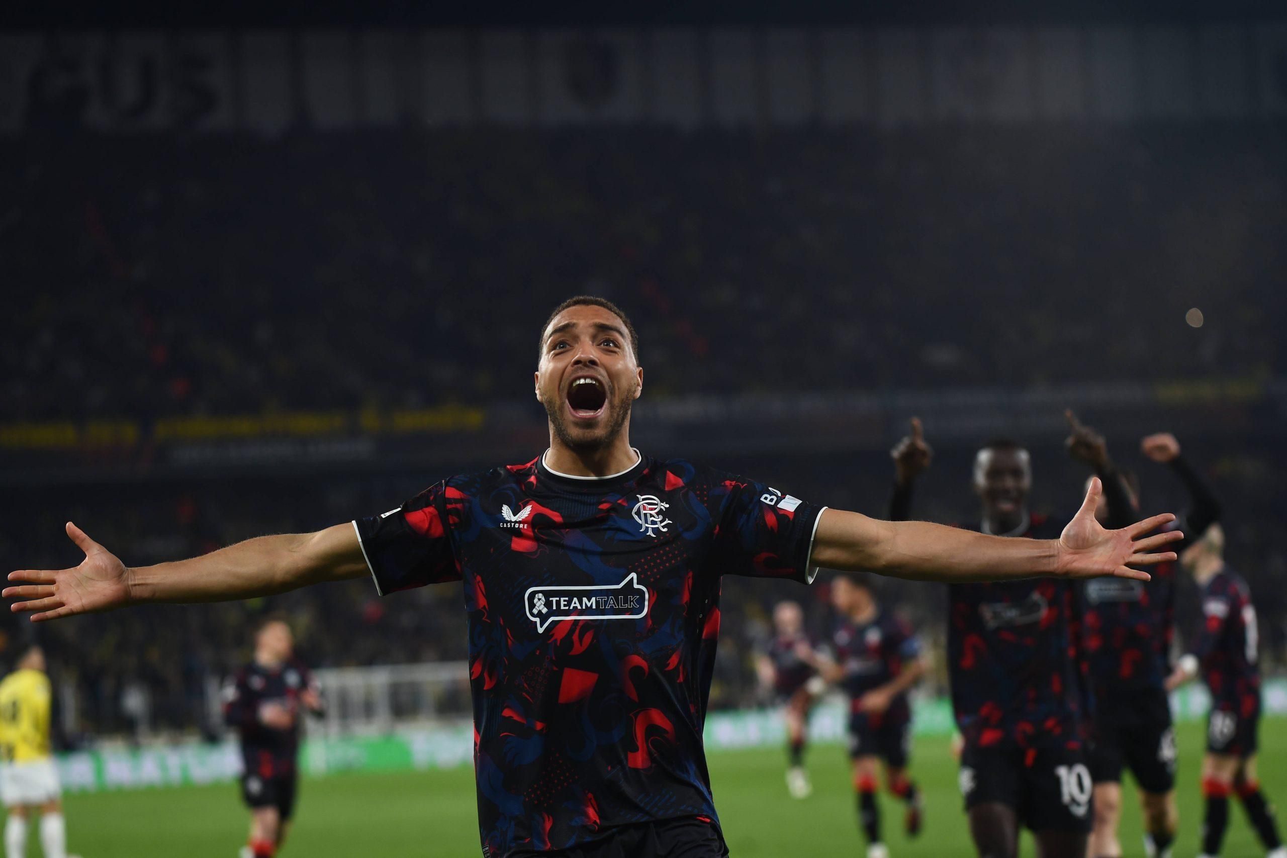 Cyriel Dessers 9 of Rangers FC celebrates after scoring the first goal of his team during the UEFA Europa League 2024/25 Round of 16 First Leg match between Fenerbahce SK and Rangers FC at Ulker Sukru Saracoglu Stadium
