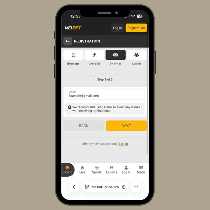 Melbet email registration form