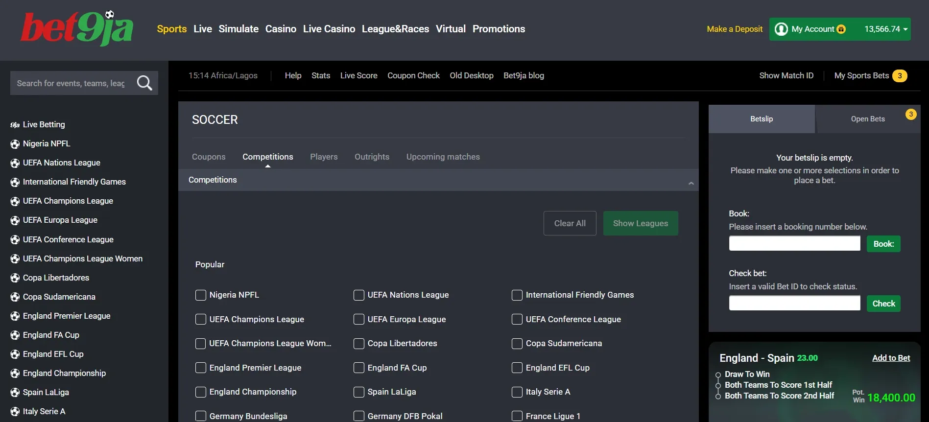Bet9ja soccer section showing available leagues and competitions.