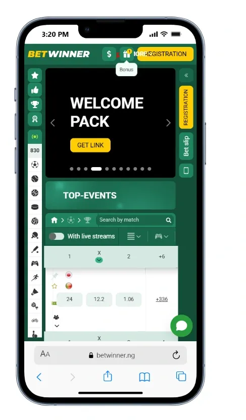 Betwinner Nigeria mobile site landing page.