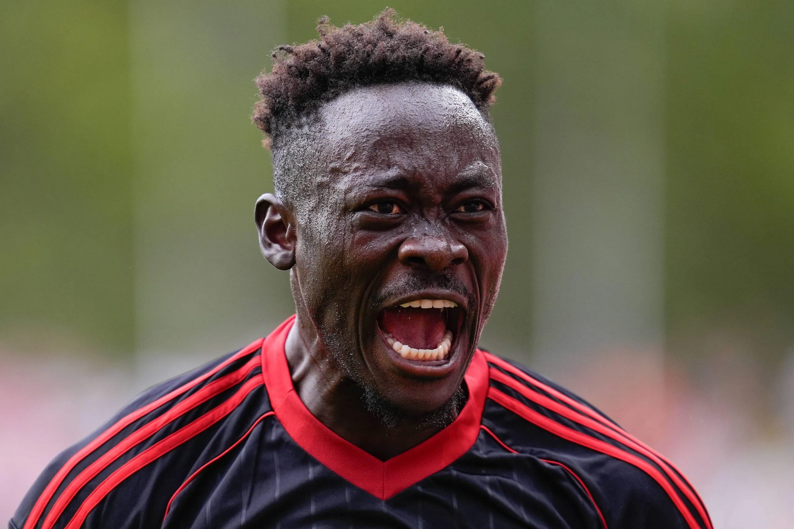 Akor Adams celebrates a goal during the Spanish League, LaLiga EA Sports, match played between Rayo Vallecano and Sevilla FC at Estadio de Vallecas on September 28, 2025, in Madrid, Spain. Madrid