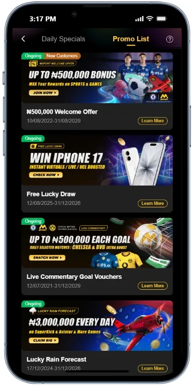 MSport promotion page with current bonuses for new and existing users