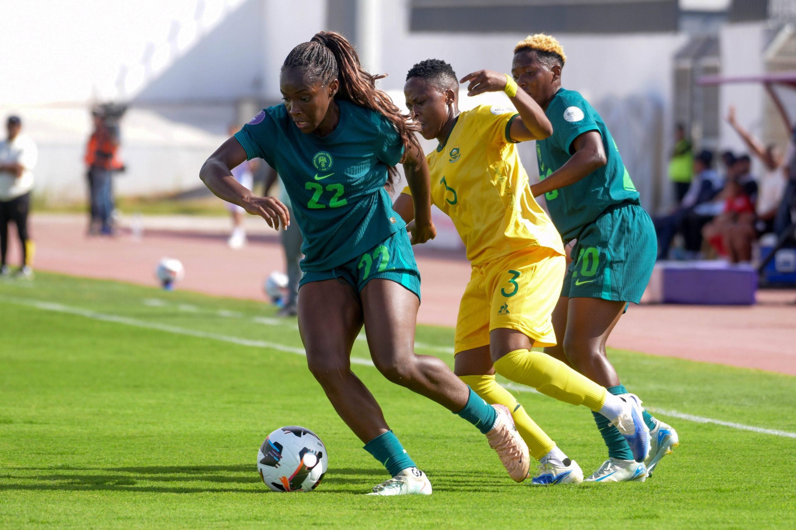 Michelle Alozie of Nigeria and Bongeka Gamede of South Africa during the 2025 Women s Africa Cup of Nations WAFCON Semi Finals match between Nigeria and South Africa