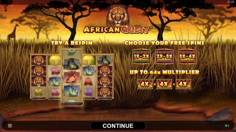 African Quest slot game interface with symbols on the reels, free spins and multipliers.