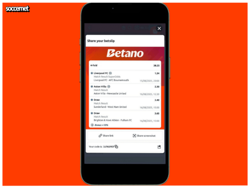 Betano mobile app screen showing the option to share betting codes and bet slips with friends or on social media.