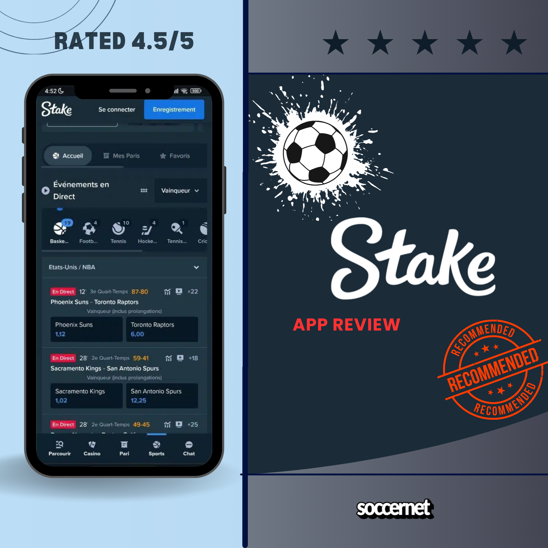 Schermata dell'app mobile Stake che mostra l'homepage con giochi e promozioni