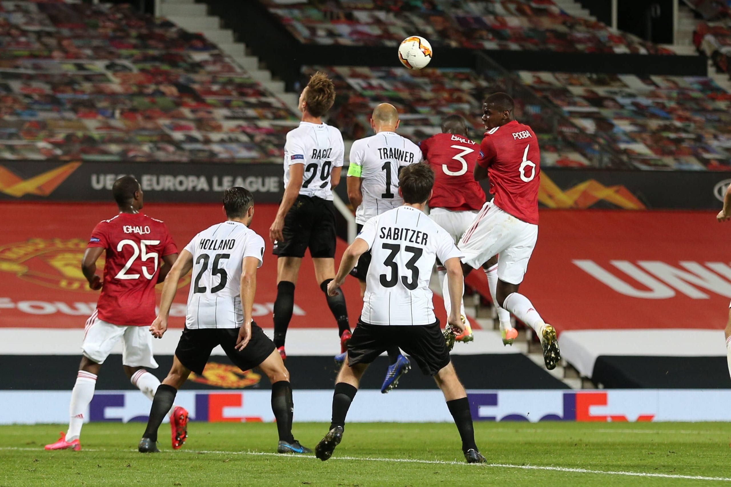 Image shows Odion Ighalo Manchester, James Holland, Marko Raguz, Dominik Reiter, Thomas Sabitzer LASK, Eric Bailly and Paul Pogba during Manchester United's Europa game vs LASK