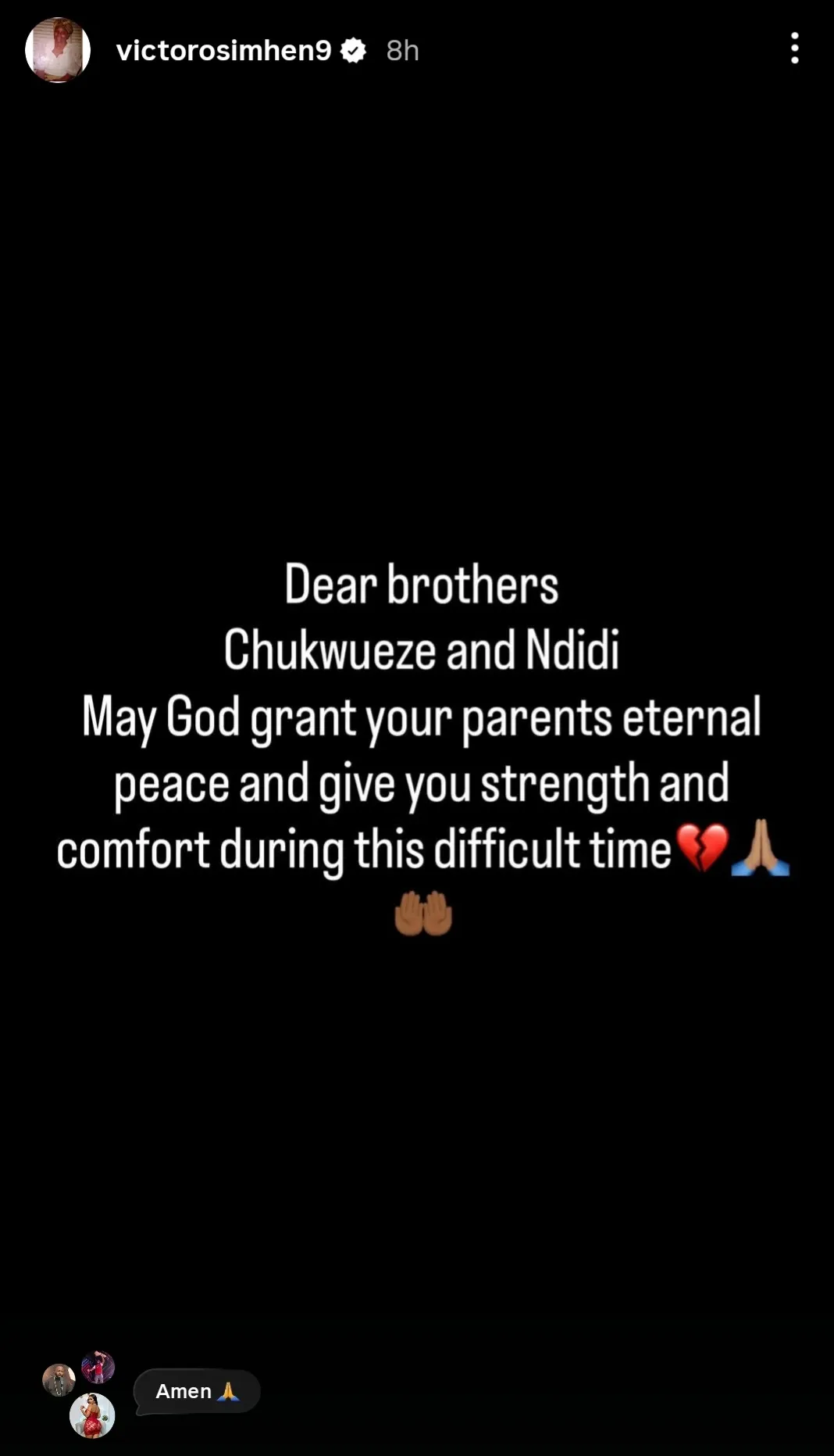 Victor Osimhen's condolence message to Ndidi and Chukwueze