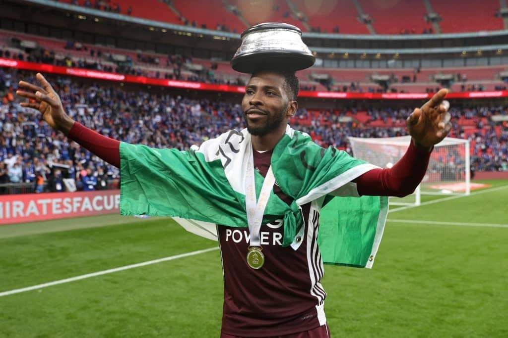 Kelechi Iheanacho Celebrating Leceister's FA Cup triumph.
