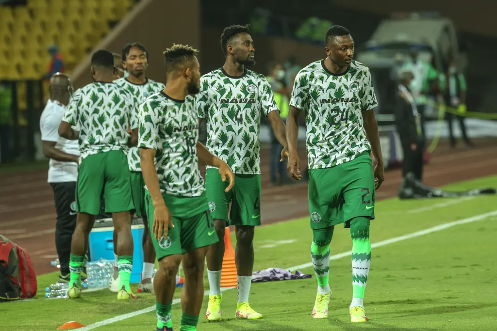 CHIDERA EJUKE, Wilfred Ndidi and UMAR SADIQ of Nigeria Super Eagles during the 2021 Africa Cup of Nations match between Guinea Bissau and Nigeria at Stade Roumde Adjia