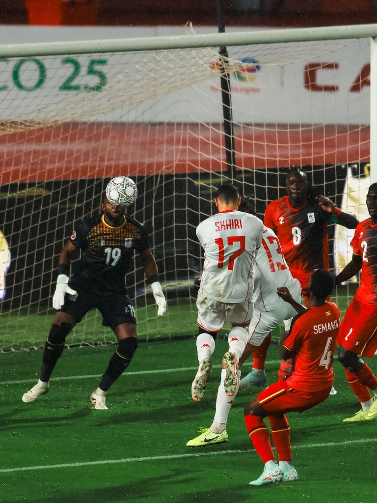 Ellyes Skhiri heads home to open the scoring in Tunisia's 3-1 over Uganda