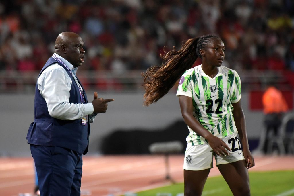 Coach Justin Madugu and Michelle Alozie of Nigeria during the 2025 Women s Africa Cup of Nations WAFCON Finals match between Morocco and Nigeria at Stade Olympique de Rabat