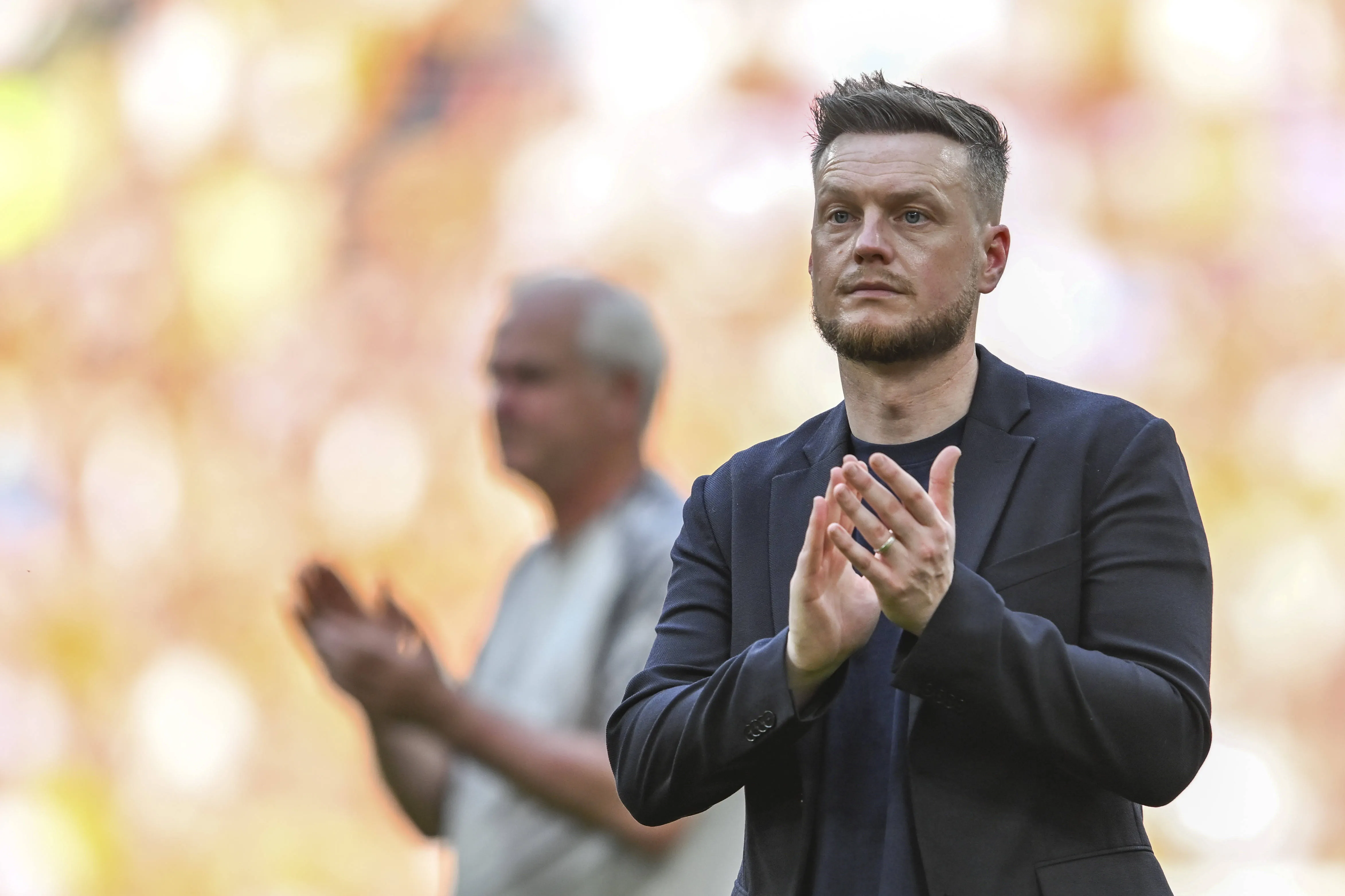 Kim Hellberg, Middlesbrough Manager, applauds the Boro fans after the final whistle of the Sky Bet Championship Play-Off Final match between Hull City and Middlesbrough at Wembley Stadium, London, on May 23, 2026