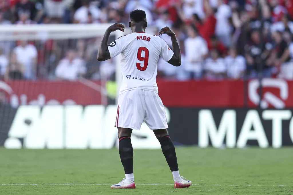 Akor Adams during the La Liga EA Sports match between Sevilla FC and FC Barcelona played at Ramon Sanchez Pizjuan Stadium on October 5, 2025 in Sevilla, Spain