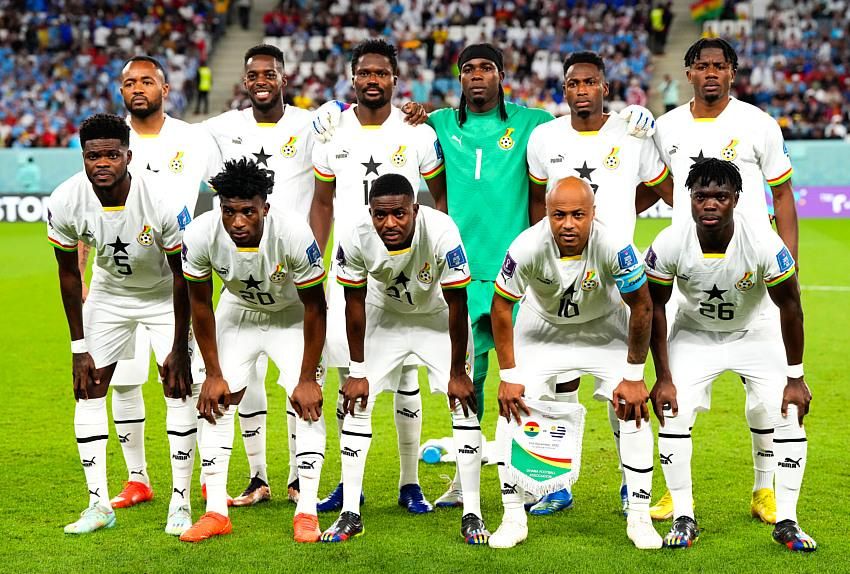 Ghana team group (top row l-r) Jordan Ayew, Inaki Williams, Daniel Amartey, goalkeeper Lawrence Ati-Zigi, Baba Rahman, Mohammed Salisu (bottom row l-r) Thomas Partey, Mohammed Kudus, Salis Abdul Samed, Andre Ayew, Seidu Alidu during the FIFA World Cup Group H match at the Al Janoub Stadium in Al-Wakrah, Qatar