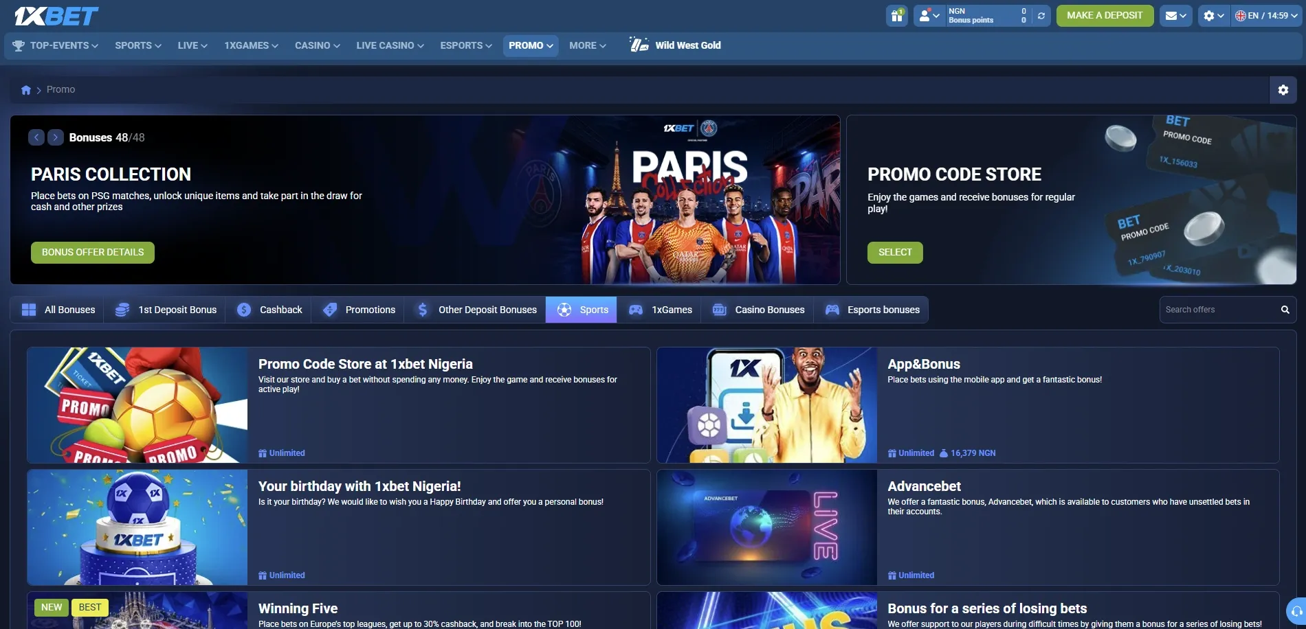 1xBet promotion page with bonuses for existing users.