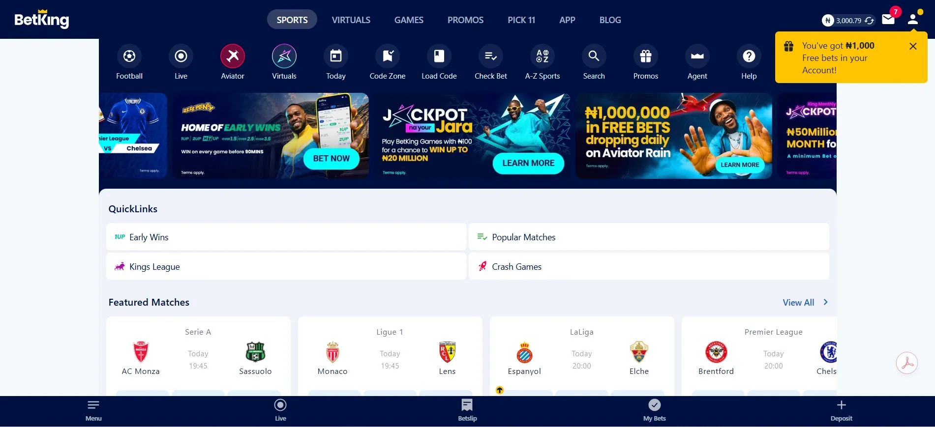 BetKing football betting page