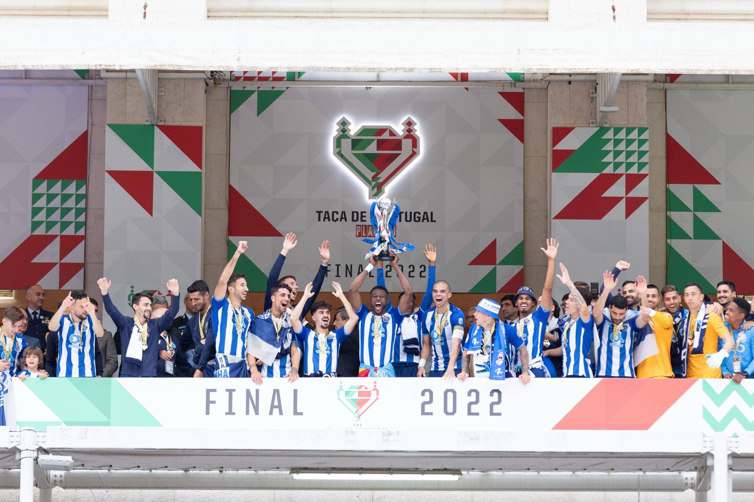Porto defender from Nigeria ZAIDU SANUSI 12 lifting the trophy and celebrating after winning the Portugal Cup at Estadio Nacional Caxias Portugal