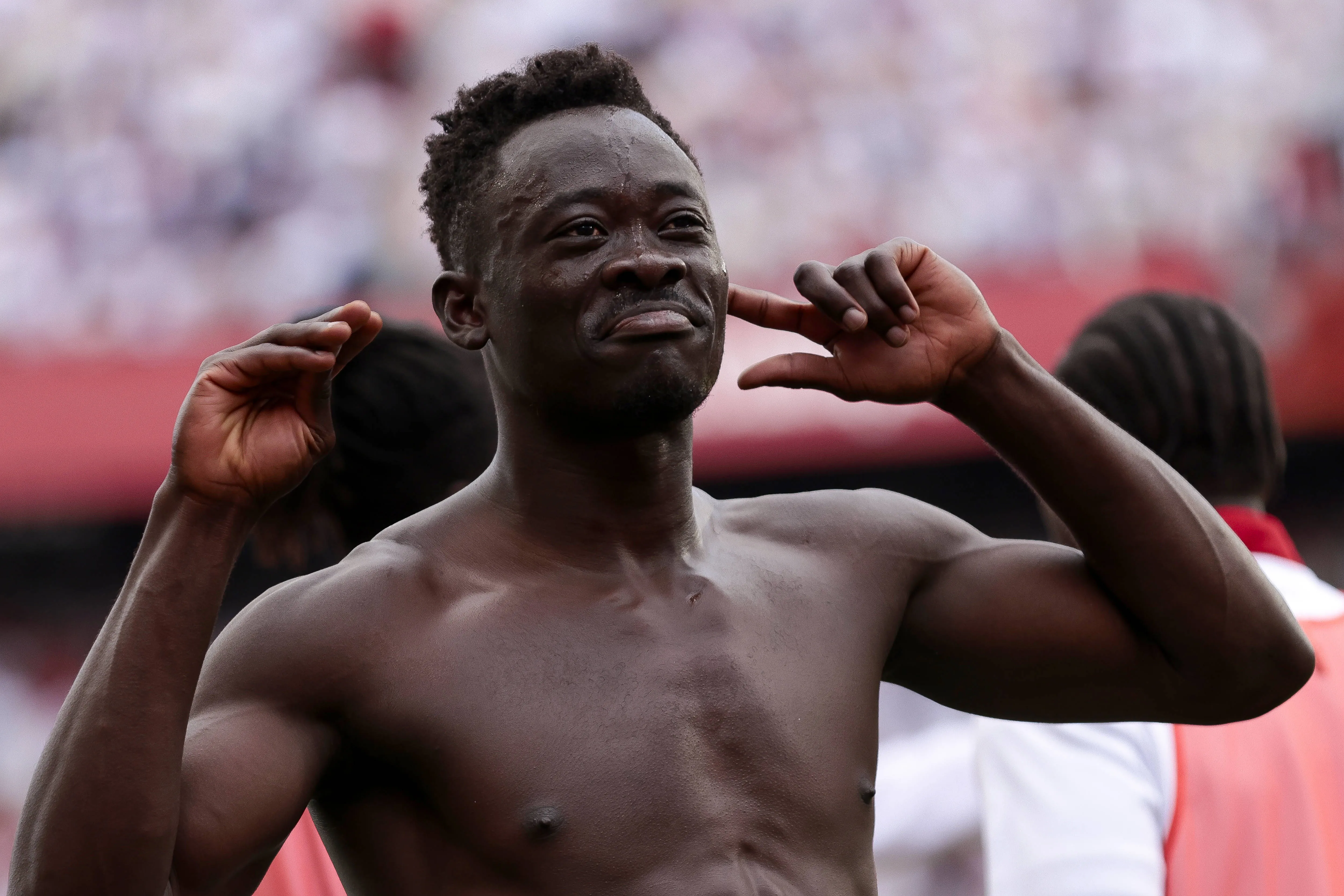 Akor Adams celebrates a goal during the La Liga EA Sports match between Sevilla FC and RCD Espanyol