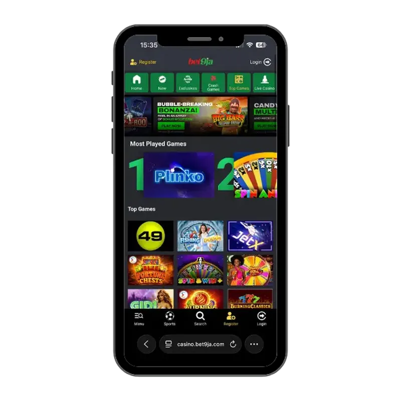 Bet9ja mobile casino home page with categories and main menu bar on the bottom
