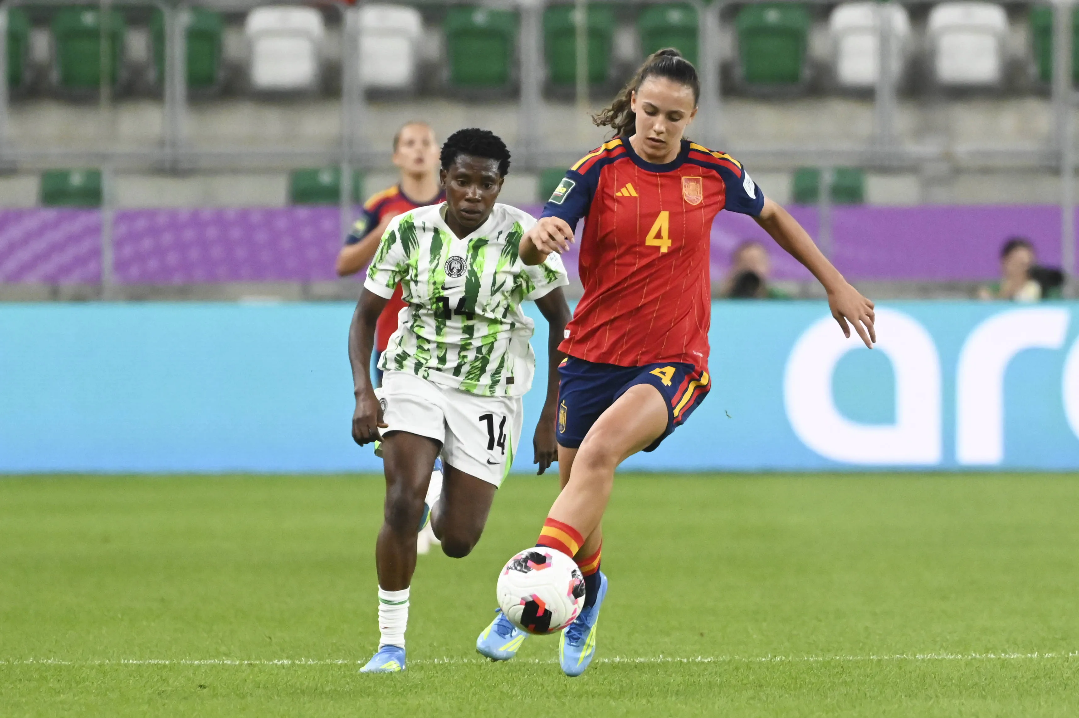 Mary Mamudu for Nigeria and Silvia Cristobal for Spain during the FIFA U-20 Women s World Cup match between Spain and Nigeria