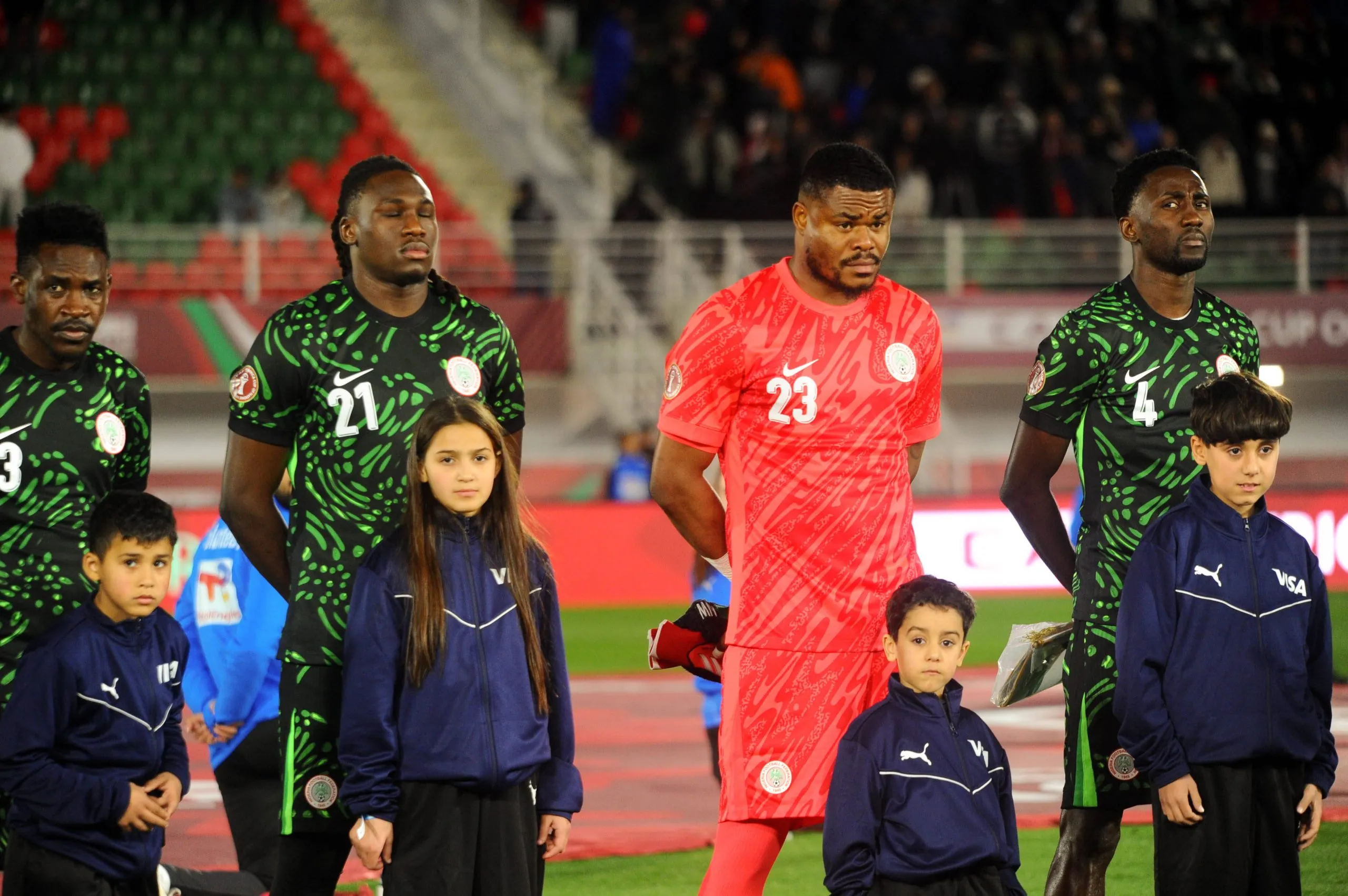 Akor Adams, Calvin Bassey, Stanley Nwabali, Wilfred Ndidi during the Africa Cup of Nations AFCON match between Nigeria and Tanzania