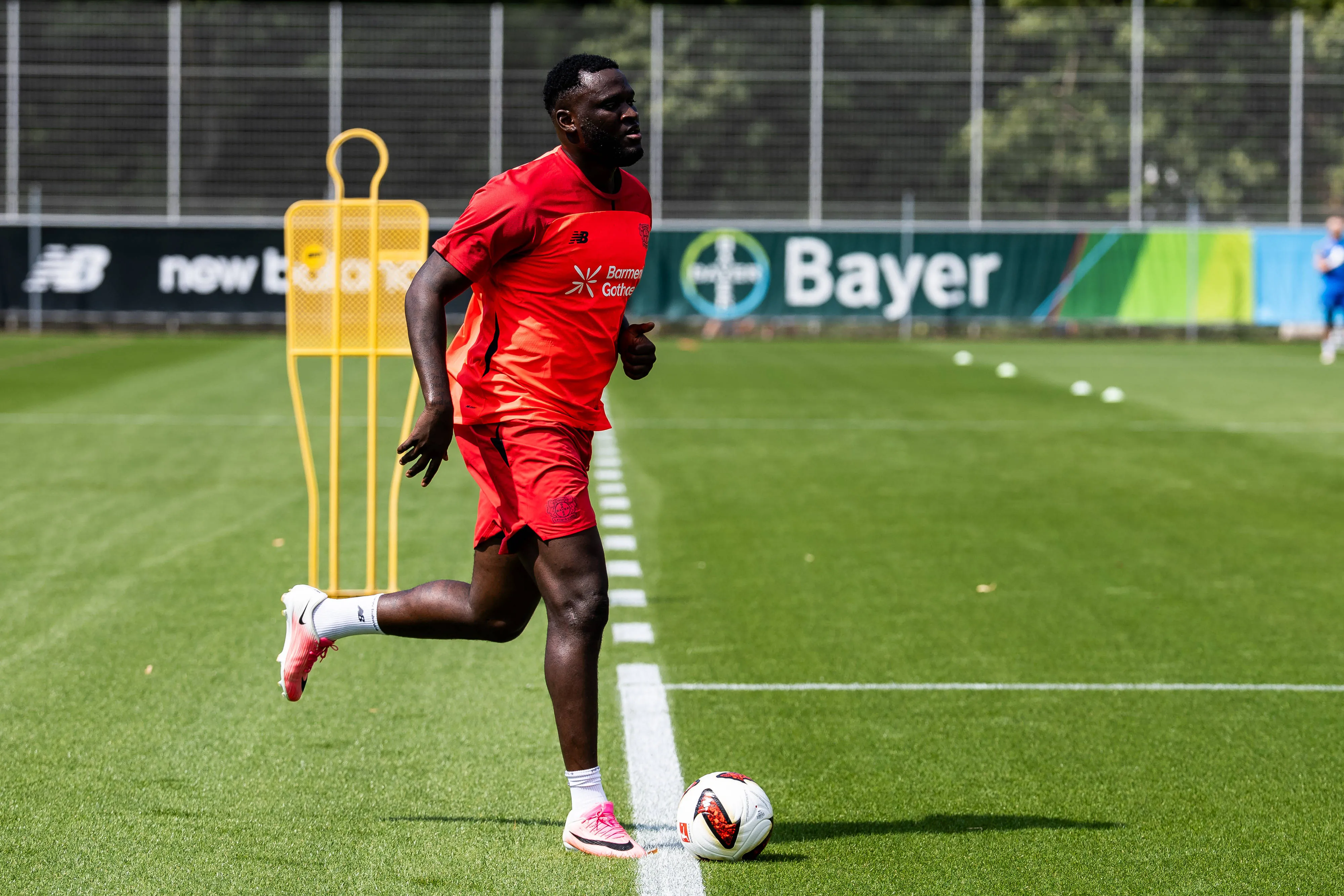 Victor Boniface Bayer 04 Leverkusen with a ball during the first training session of season 2026/27 at BayArena on July 14, 2026 in Leverkusen, Germany.