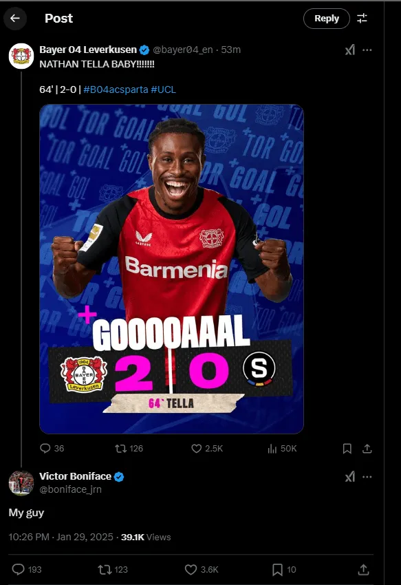 Victor Boniface cheers Nathan Tella