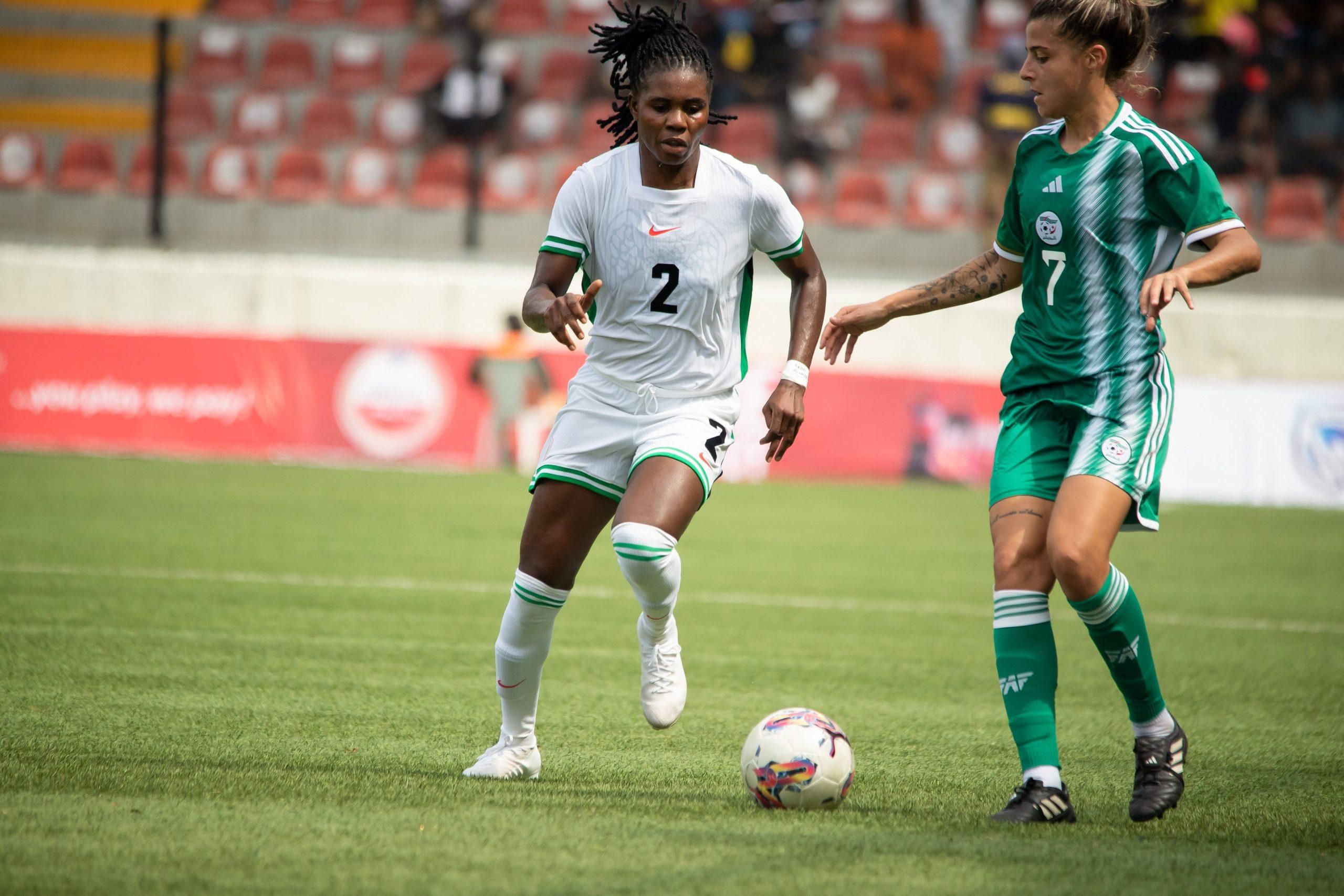 Monday Gift and Morgane Megane Belkhiter during an international friendly match between the Nigeria Super Falcons and Algeria Green Ladies 