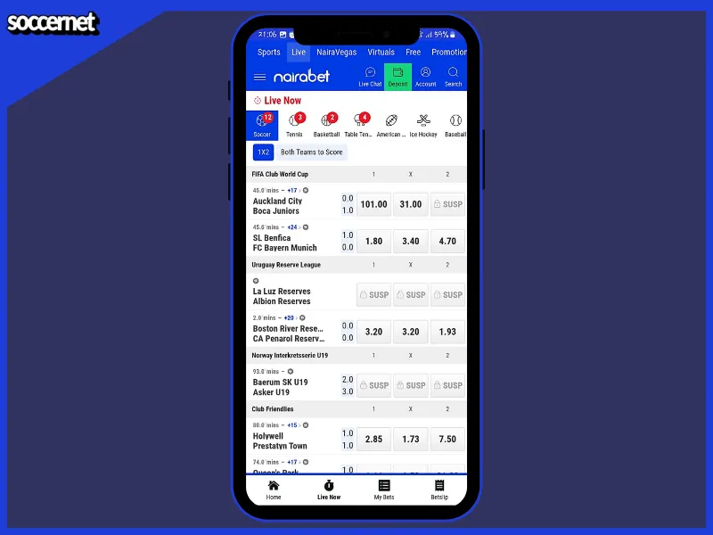 Live betting interface on nairabet online