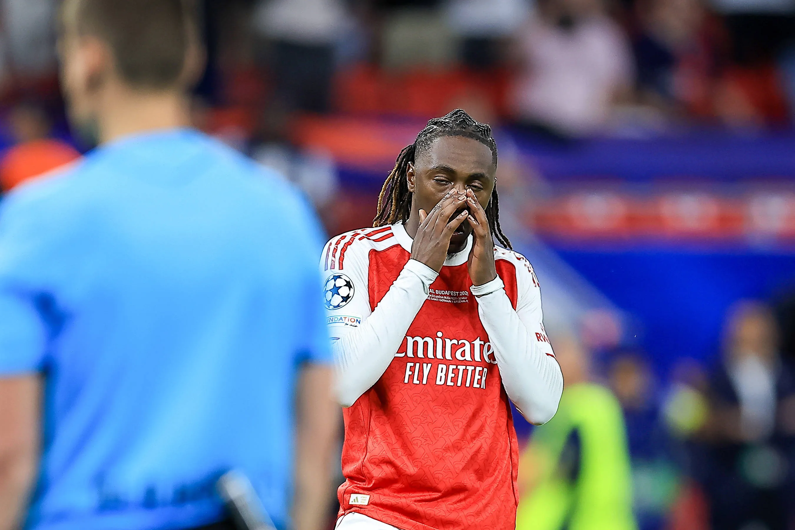 Eberechi Eze reaction to missing his penalty kick during the Champions League Final match between Paris Saint-Germain and Arsenal