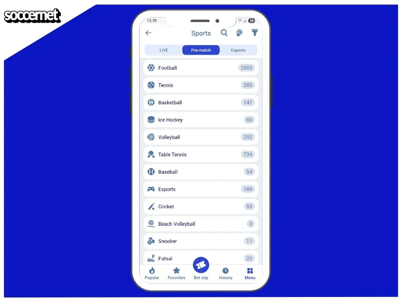 Paripesa app sports betting markets and events shown on screen.