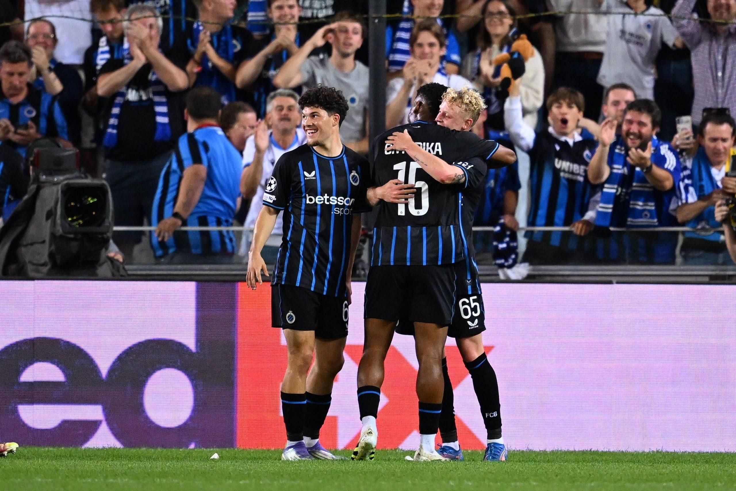 Seys Joaquim celebrating scoring a goal with Onyedika Nwadike Raphael and Sabbe Kyriani during the UEFA Champions League 2025/26 play-off round second leg between Club Brugge and Rangers FC