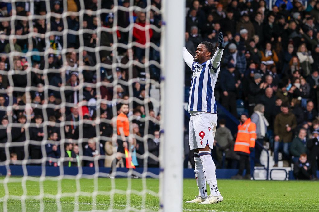  Josh Maja celebrates his second goal during the Sky Bet Championship match between West Bromwich Albion and Preston North End at The Hawthorns in West Bromwich