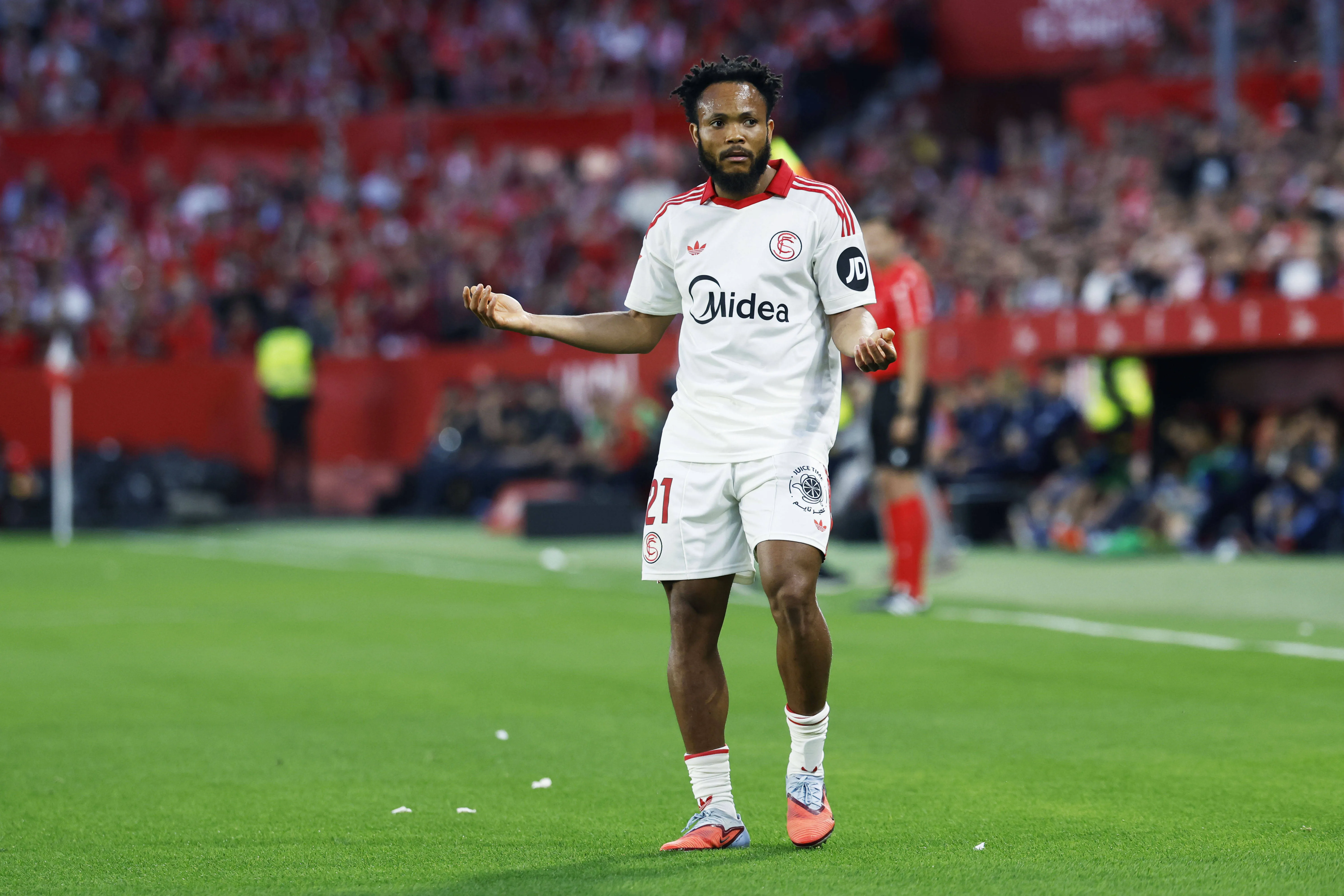 Chidera Ejuke during Spanish La Liga EA Sports match between Sevilla FC 1-0 Real Sociedad at Ramon Sanchez Pizjuan in Seville, Spain.
